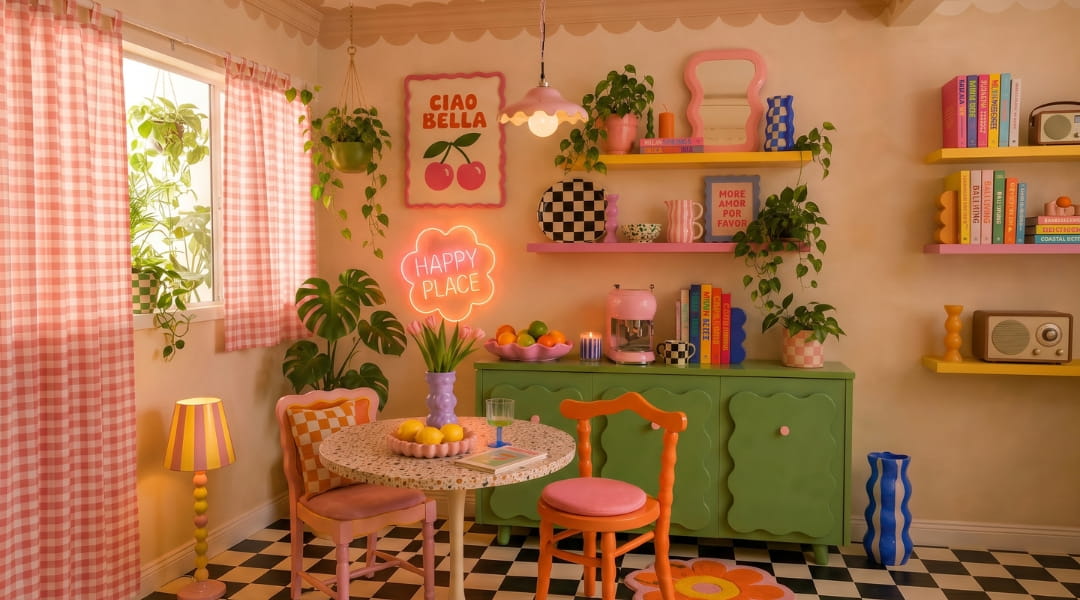 Dopamine Decor Wohnküche mit farbenfroher Einrichtung, grüner Kommode, Pflanzen, rosa Neonlicht und auffälliger Pendelleuchte über dem Esstisch.