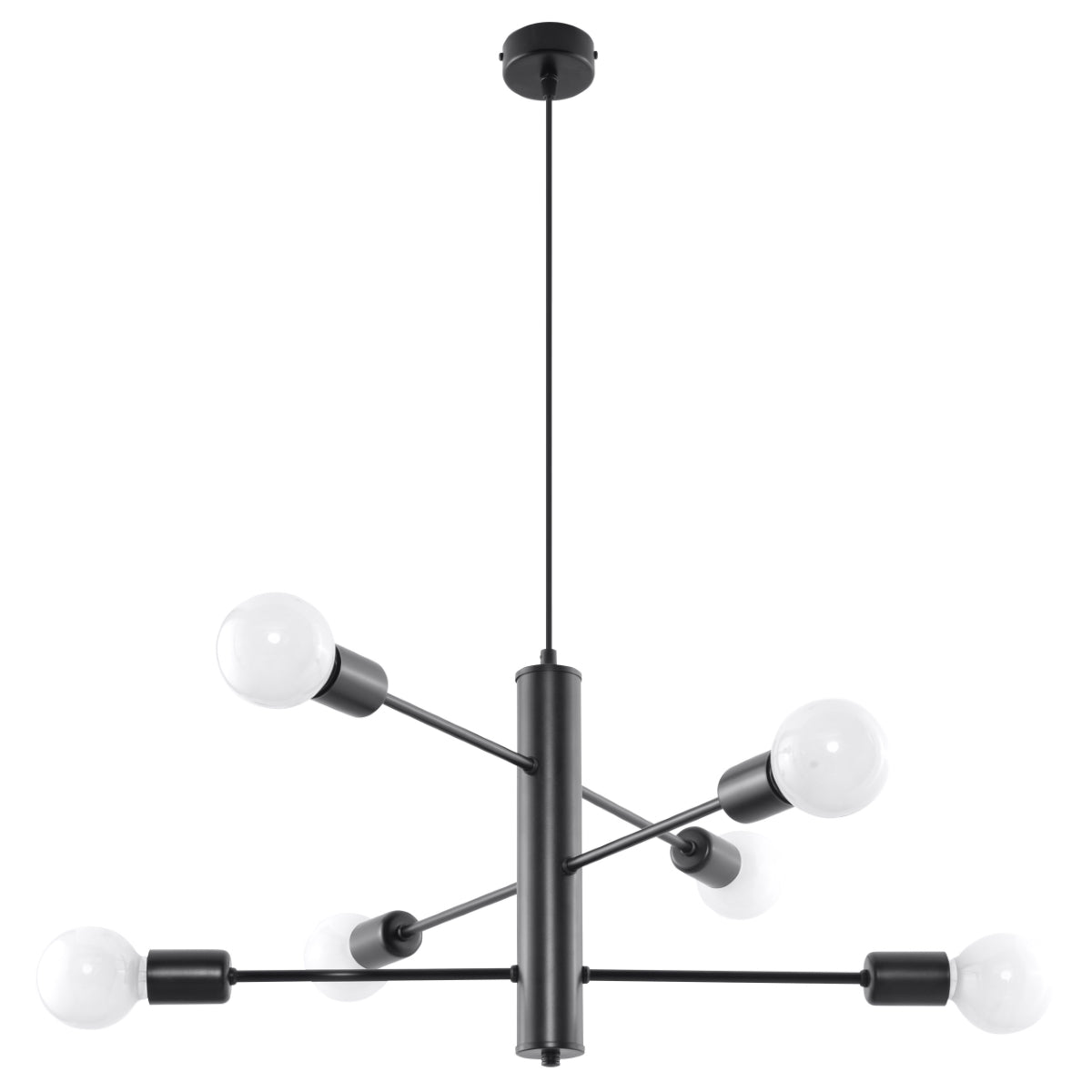 Schwarze Pendelleuchte mit fünf geschwungenen Armen und sichtbaren Leuchtmitteln im modernen Industrial-Stil.   1/2