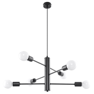 Schwarze Pendelleuchte mit fünf geschwungenen Armen und sichtbaren Leuchtmitteln im modernen Industrial-Stil.   1/2