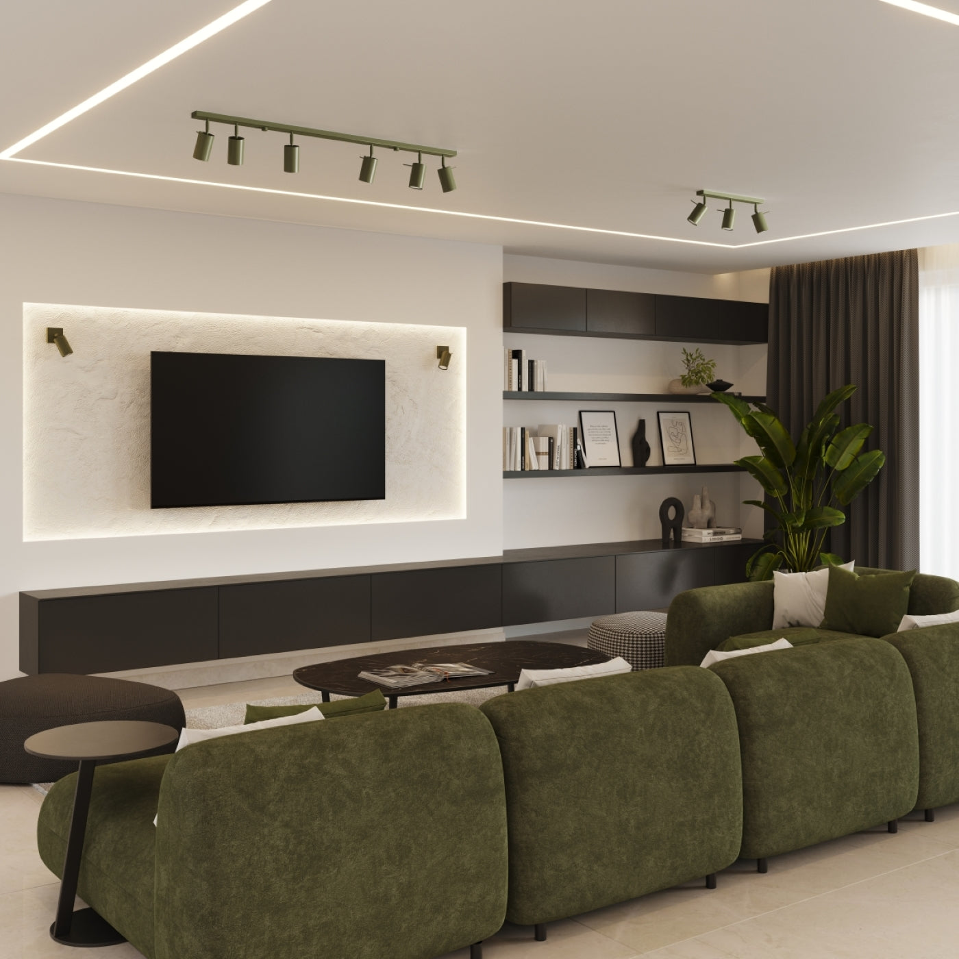 Moderner Wohnraum mit olivgrüner Eckcouch und weißen Kissen, Wandfernseher an strukturierter Wand mit indirekter Beleuchtung, schwarzer hängender Medienkonsole und schwarzen Wandregalen mit Büchern und Dekor.