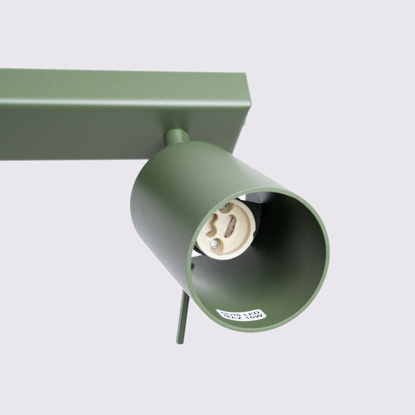 Grüne Metall-Schienenleuchte mit zylindrischer Fassung für GU10 LED-Lampe bis 10 Watt an rechteckiger Montagebasis