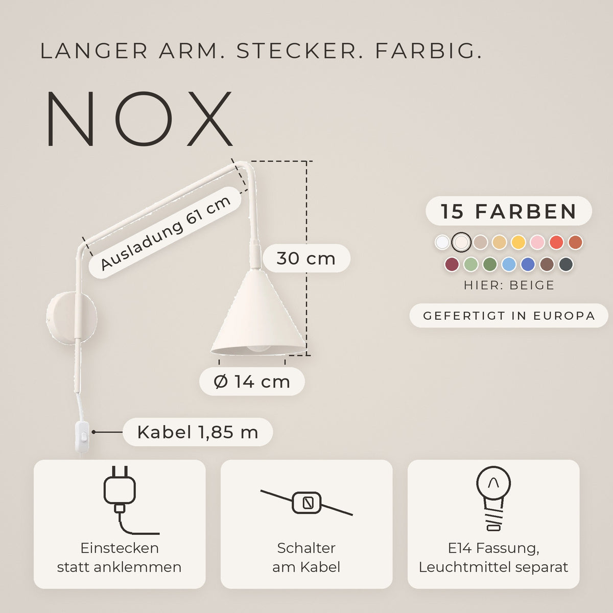 Wandleuchte "NOX" mit Stecker und Kabelschalter