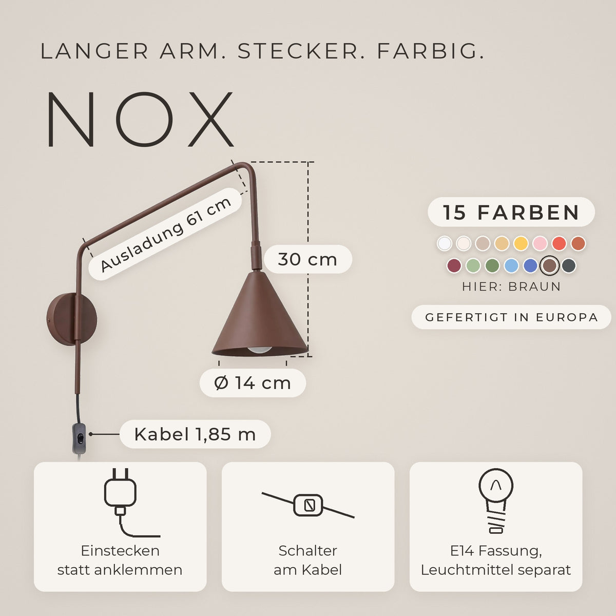 Wandleuchte "NOX" mit Stecker und Kabelschalter
