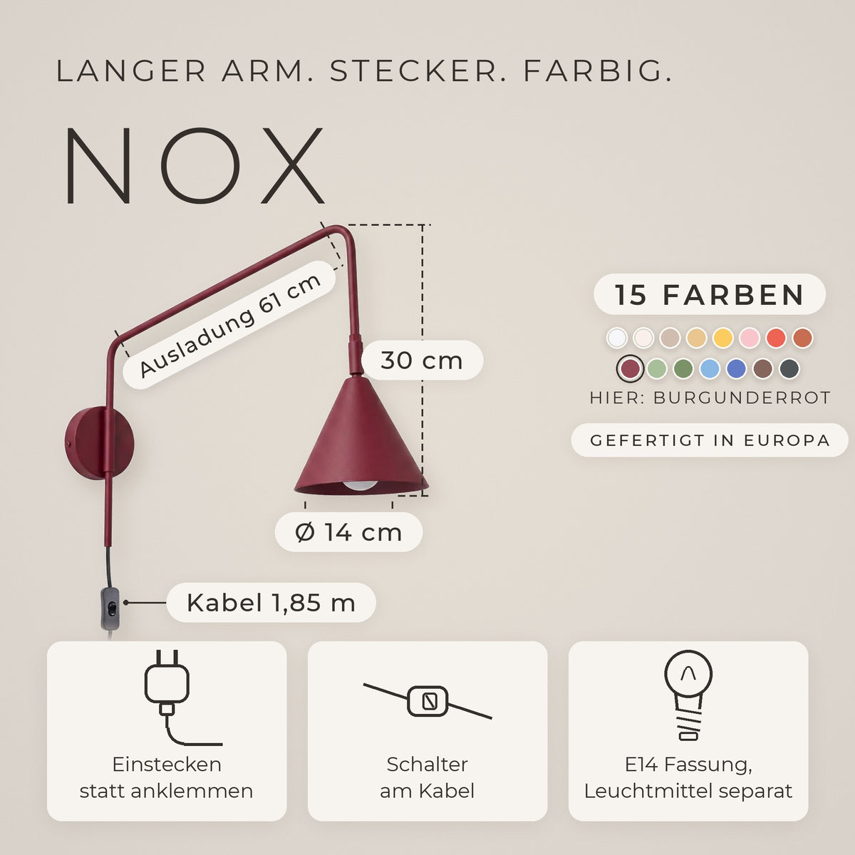 Wandleuchte "NOX" mit Stecker und Kabelschalter