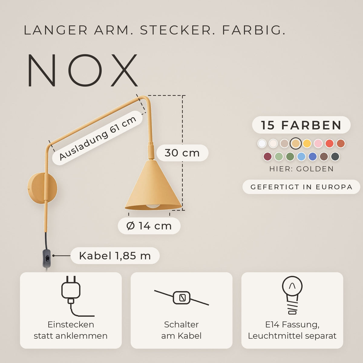 Wandleuchte "NOX" mit Stecker und Kabelschalter