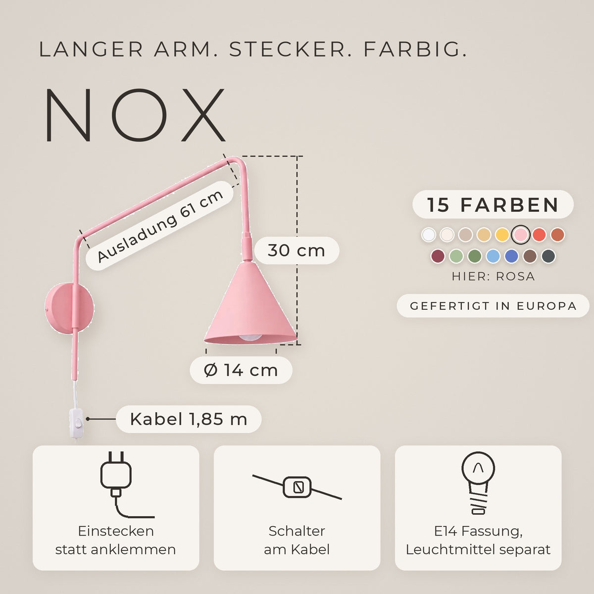 Wandleuchte "NOX" mit Stecker und Kabelschalter