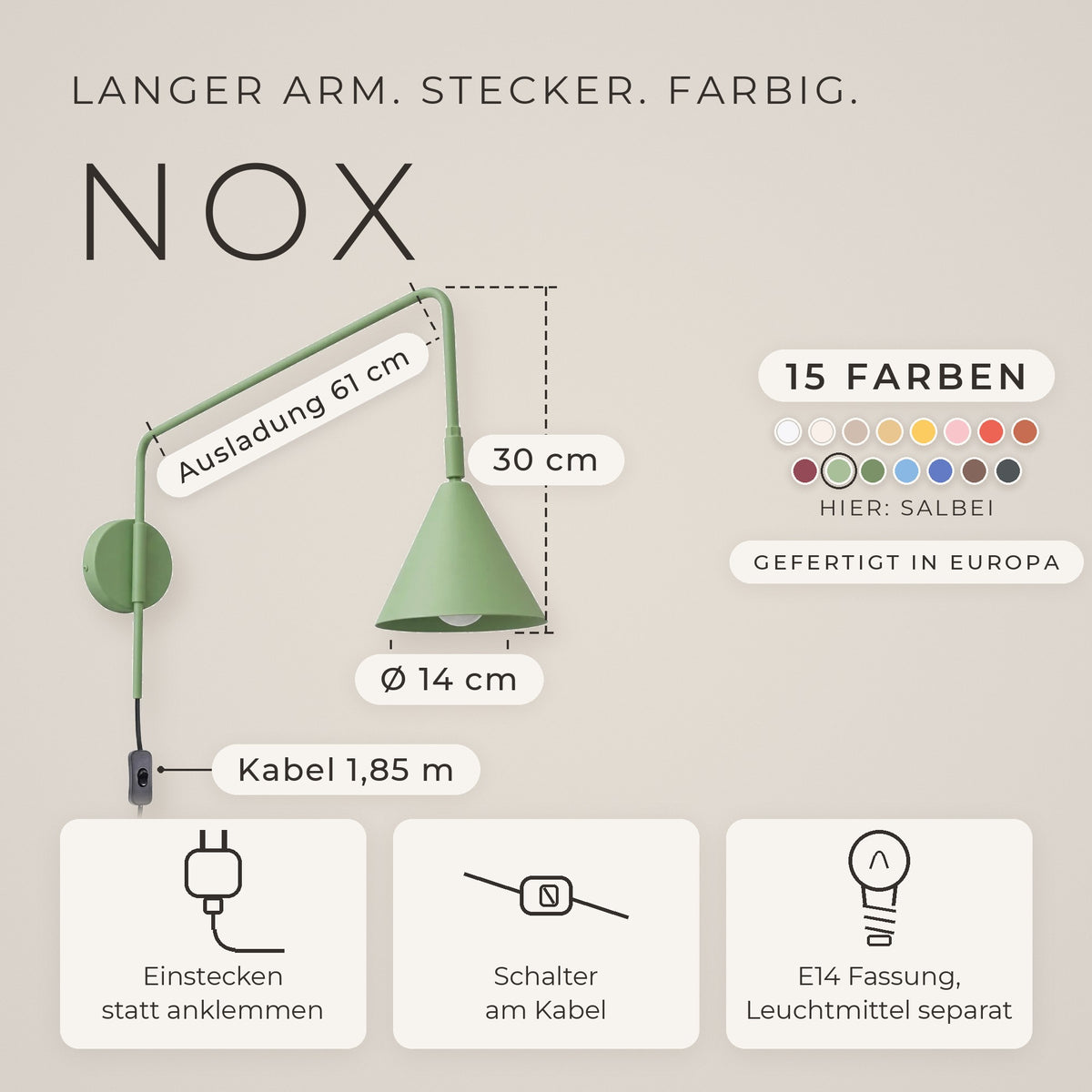 Wandleuchte "NOX" mit Stecker und Kabelschalter