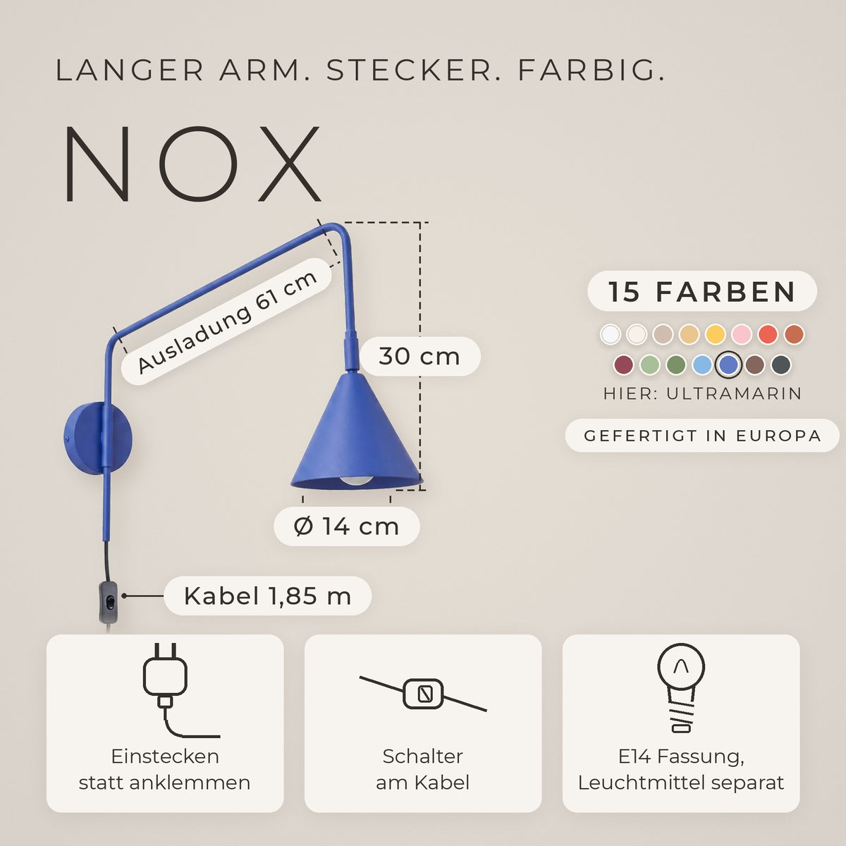 Wandleuchte "NOX" mit Stecker und Kabelschalter