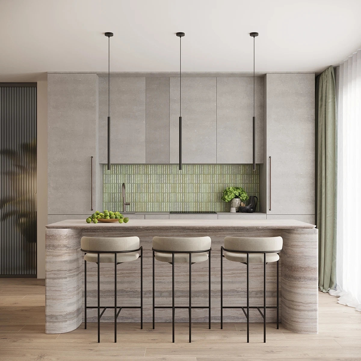 Pendelleuchte CORA 3P in Schwarz über einer Kücheninsel – elegantes, modernes Lichtdesign mit drei schlanken Pendeln