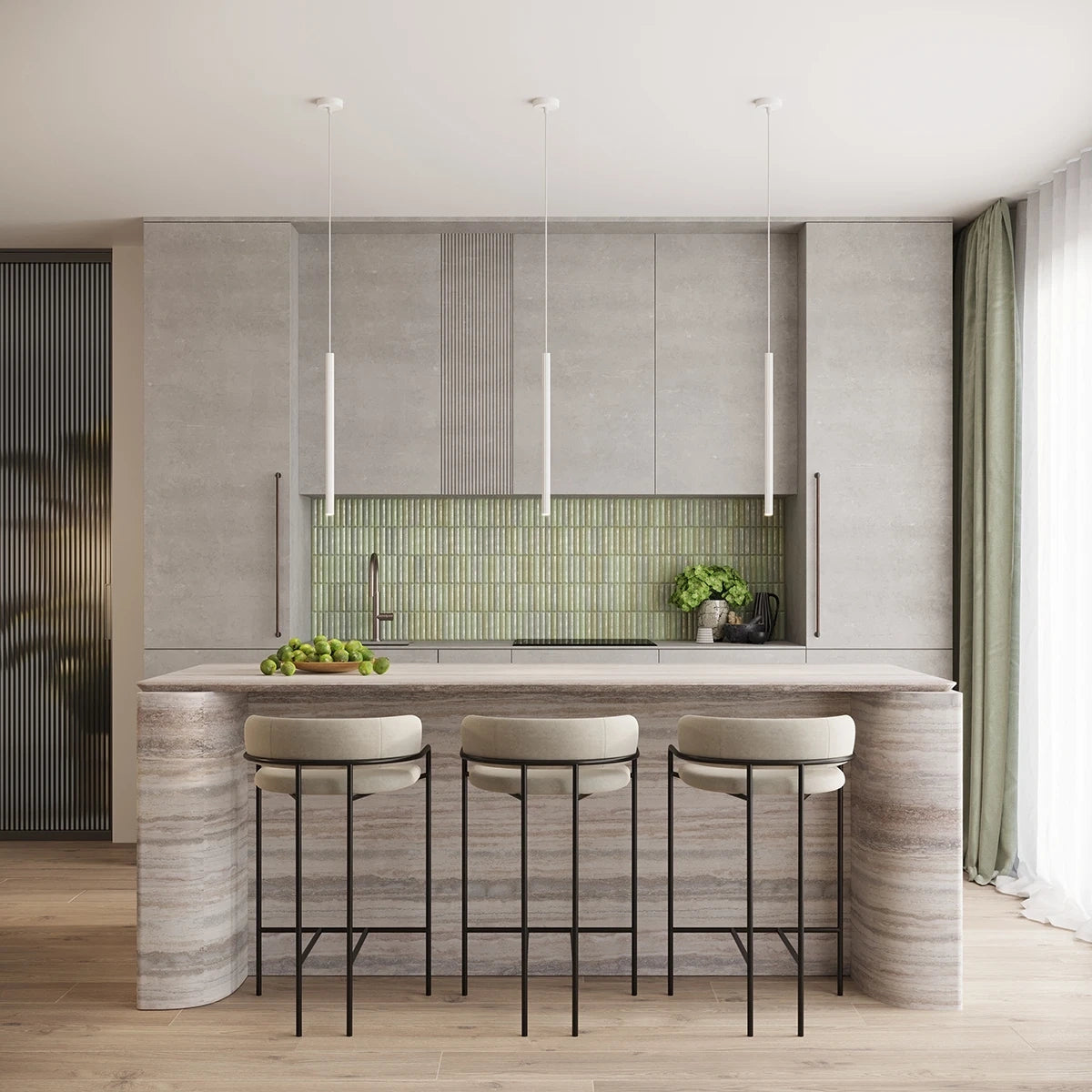 Pendelleuchte CORA 3P in Weiß über einer modernen Kücheninsel – minimalistisches Design mit drei schmalen Lichtzylindern.