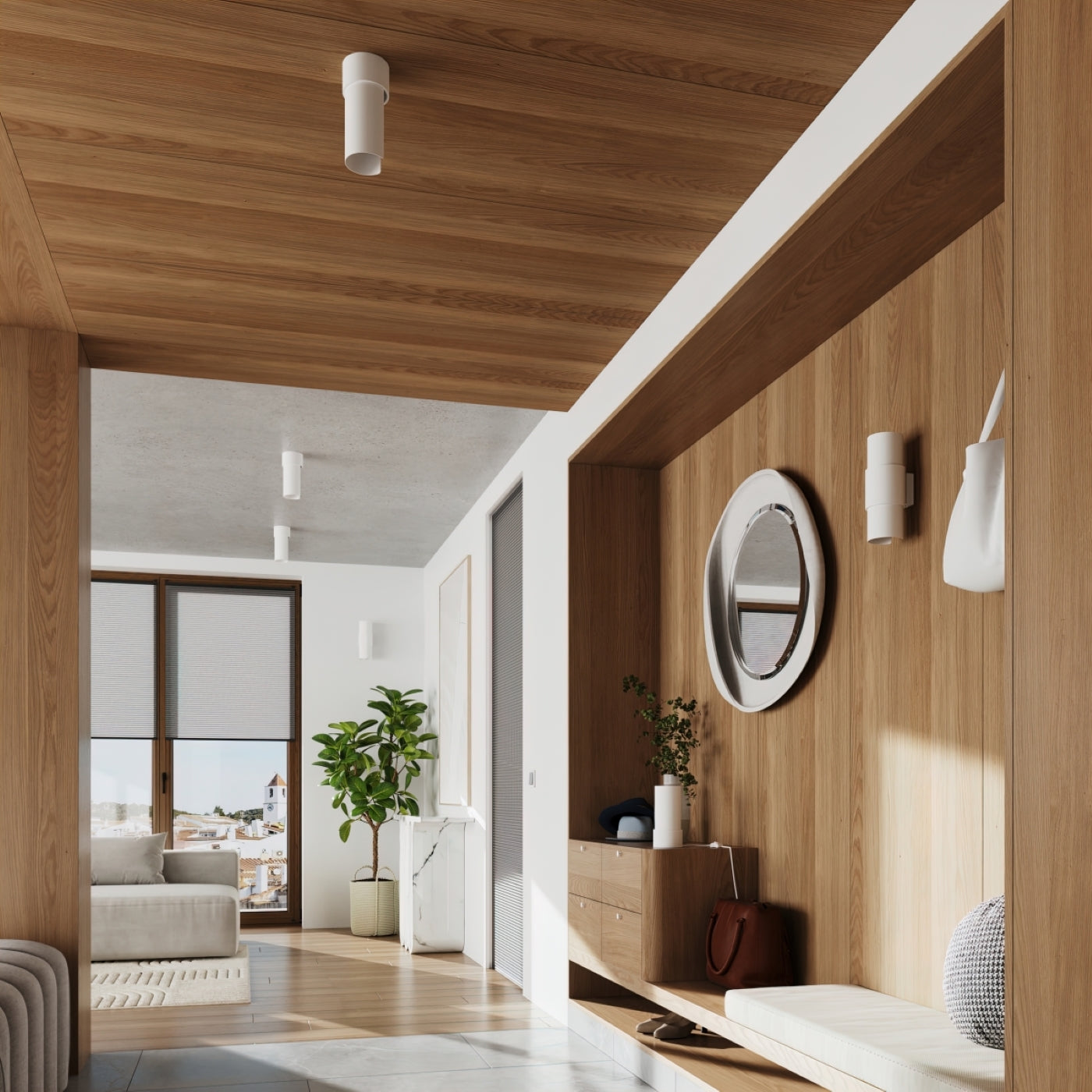 Wandleuchte FLASH in Weiß – stilvoll integriert in helles Interieur mit Spiegel und Holzverkleidung