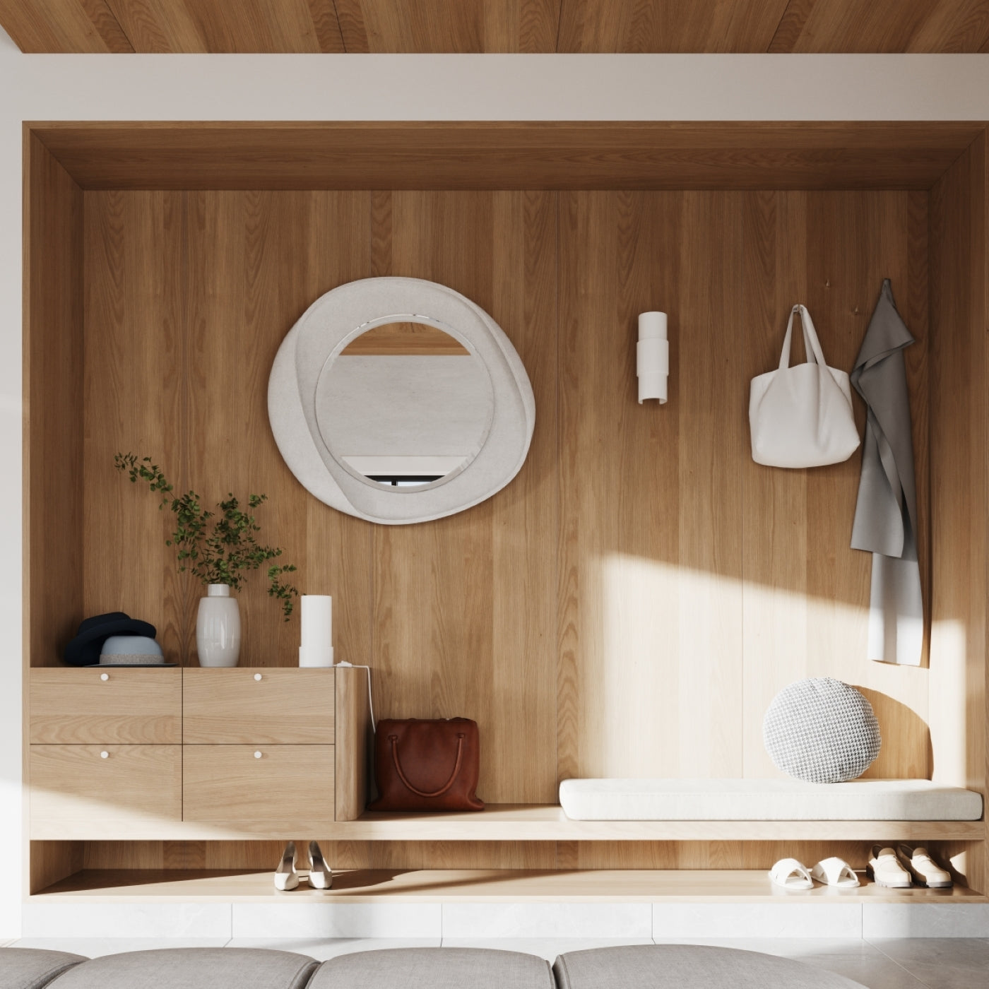 Wandleuchte FLASH in Weiß – montiert in modernem Flur mit Holzdecke und hellen Oberflächen.