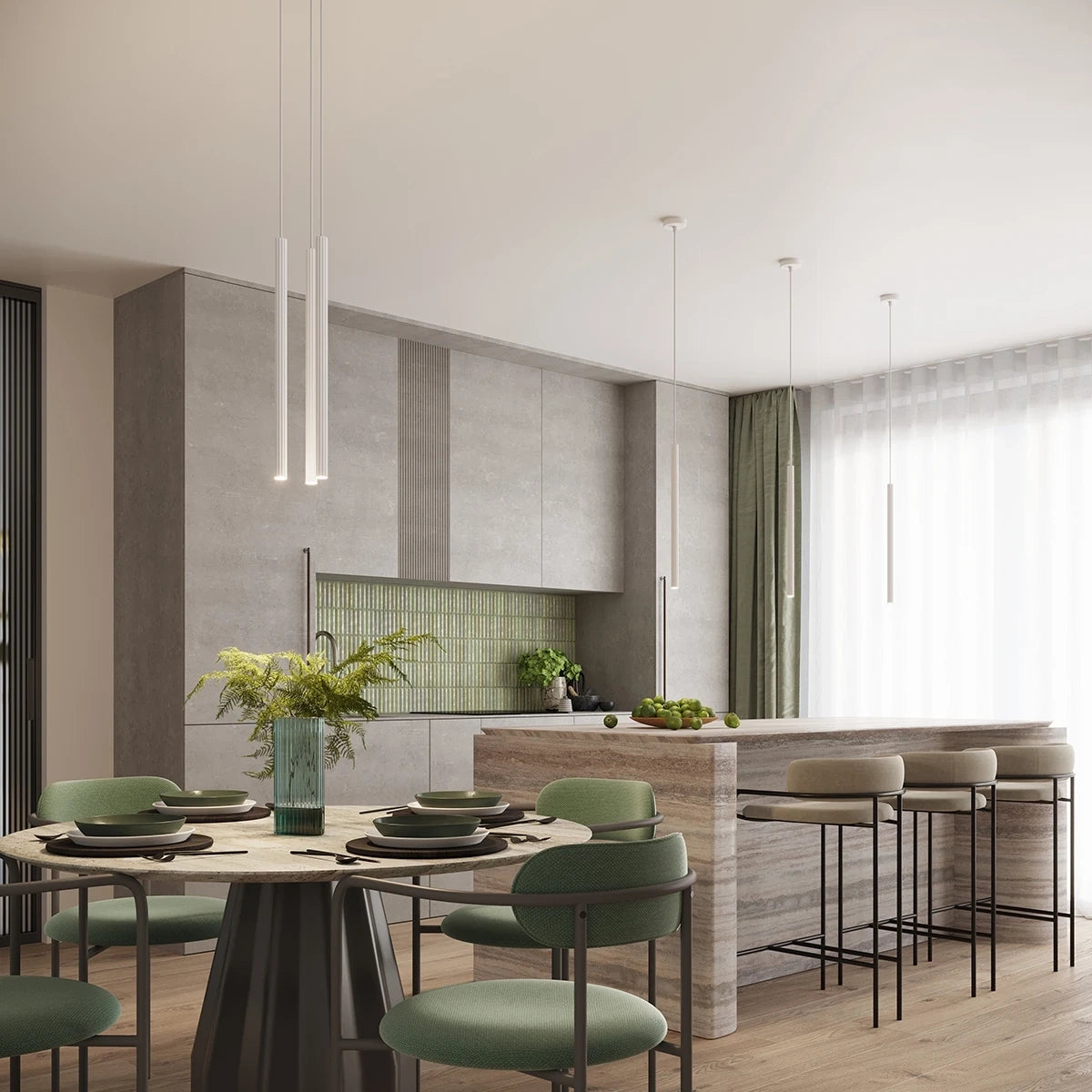 Pendelleuchte CORA 3P in Weiß über Esstisch und Kücheninsel – modernes, minimalistisches Lichtdesign in hellem Interieur.