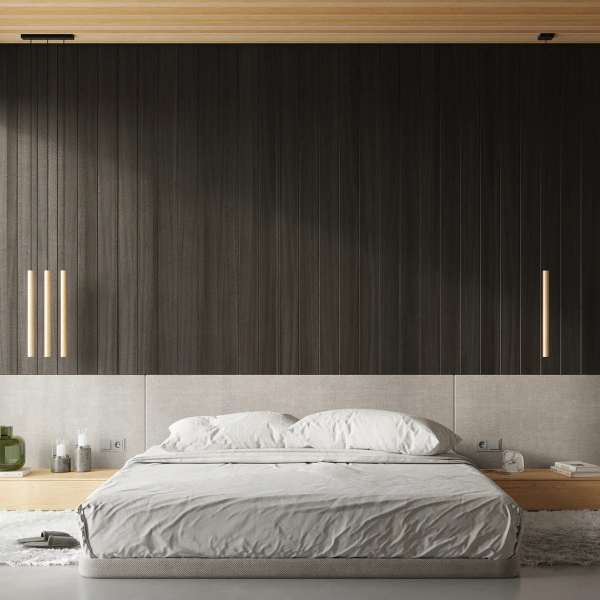 PASTELO 3L Naturholz – drei Leuchten über Bett, warmes Licht im minimalistischen Schlafzimmer