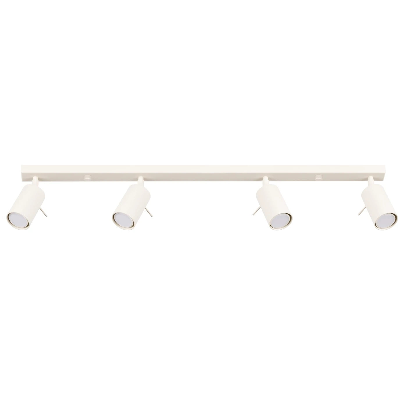 Weiße Deckenleuchte mit vier zylindrischen einstellbaren Spots auf rechteckiger Grundplatte in minimalistischem Design.