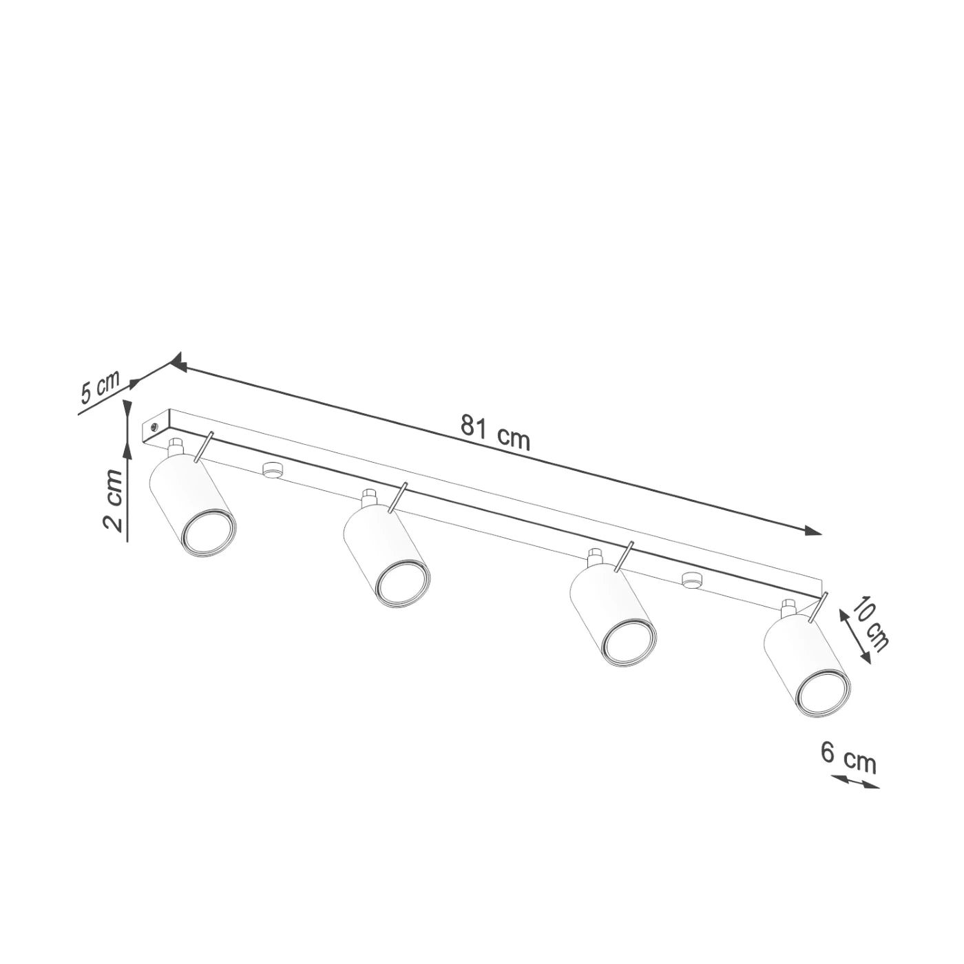 Technische Zeichnung einer minimalistischen Deckenleuchte mit 81 cm langem rechteckigem Profil und vier zylindrischen Spots, präzise Maßangaben in cm.