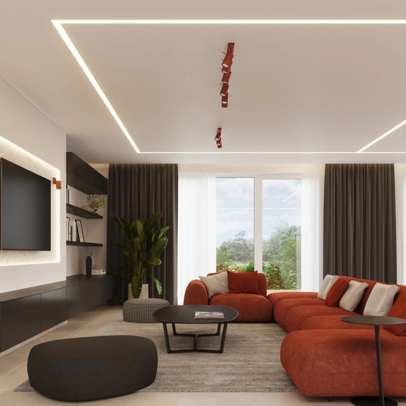 Modernes Wohnzimmer mit orangefarbenem Ecksofa und Dekoration