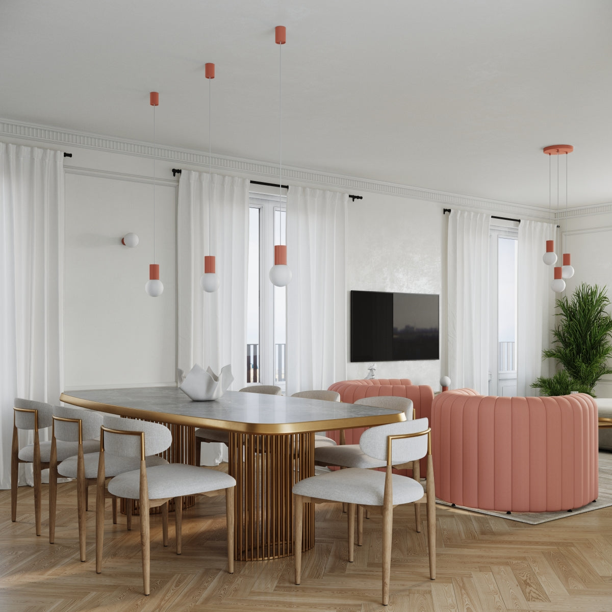 HALO-Tischlampe in Apricot auf Sideboard, kombiniert mit hellen Vorhängen und goldenen Akzenten im Essbereich.