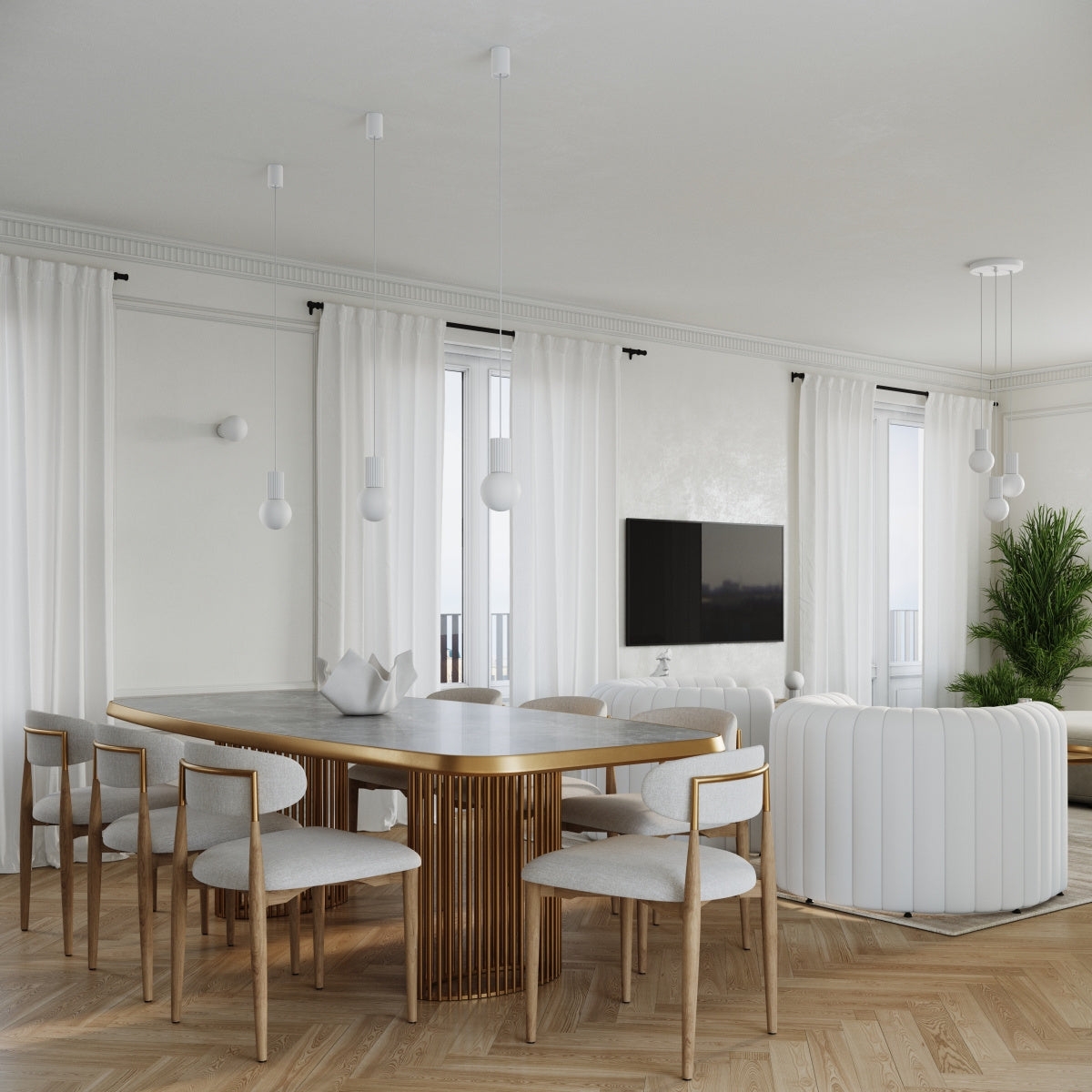 Weiße HALO-Tischlampe im modernen Esszimmer mit goldenen Akzenten und hellen Möbeln.