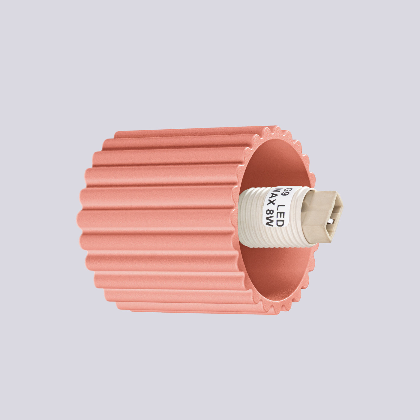 HALO-Wandleuchte IP44 in Apricot, Detailansicht der G9-LED-Fassung im geriffelten Aluminiumgehäuse.