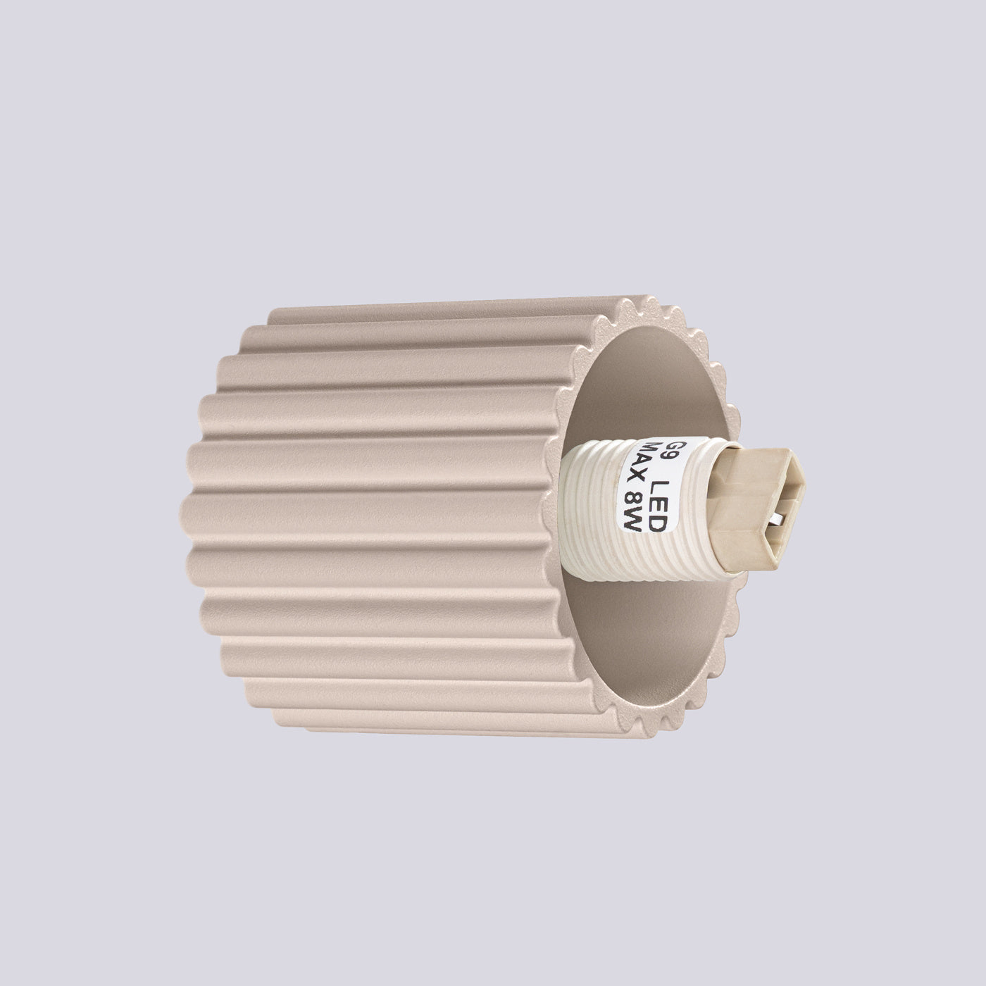 HALO-Wandleuchte IP44 in Taupe, Nahaufnahme der gerillten Struktur mit G9-Fassung für LED-Leuchtmittel.