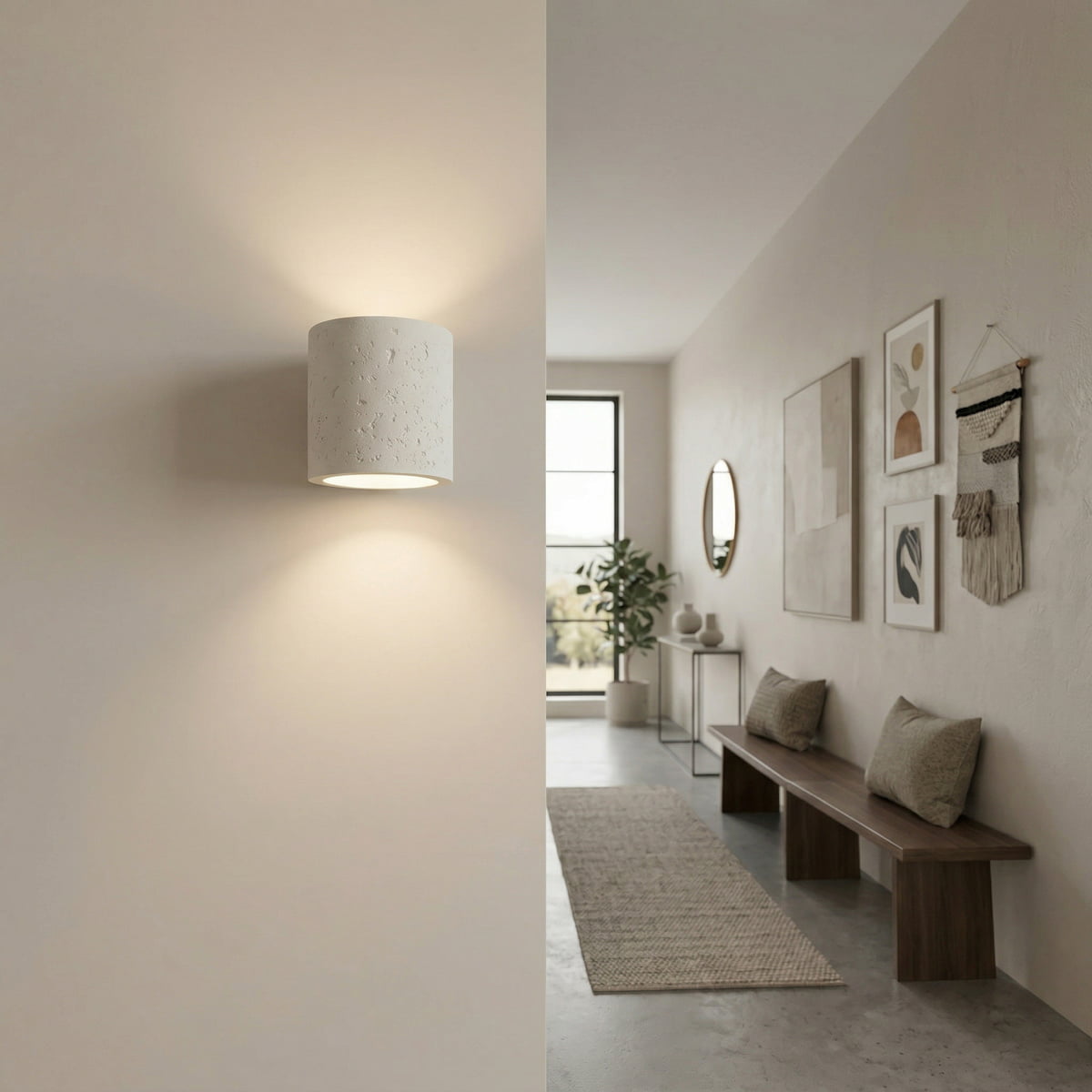 Weiße ORBIS Wandleuchte aus Beton mit warmem Licht im modernen Flur mit heller Wand und Sitzbank