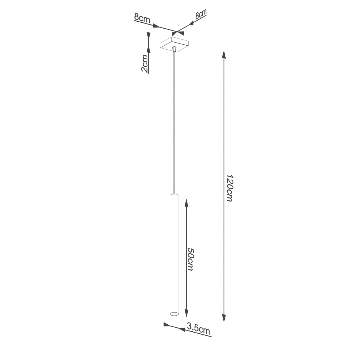 Technische Zeichnung der Pendelleuchte PASTELO 1 – Maße: Höhe 120 cm, Schirm 50 cm, Ø 3,5 cm