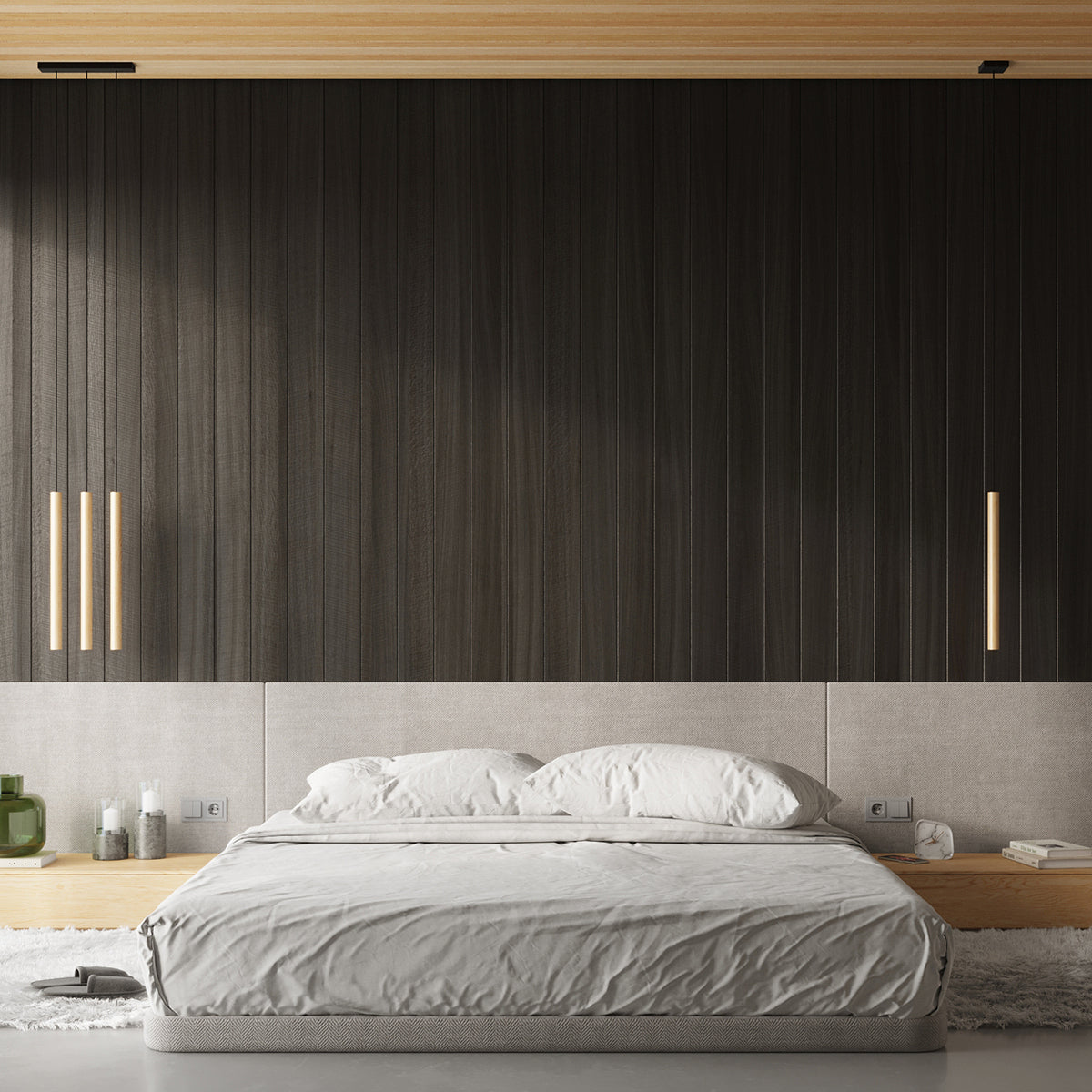 PASTELO 1 Naturholz – zwei Leuchten über Bett, minimalistisches Schlafzimmer mit warmem Licht