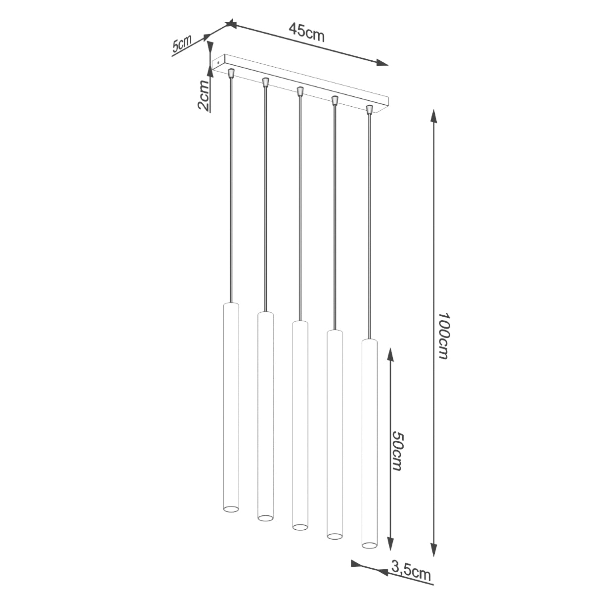 Technische Zeichnung der Pendelleuchte PASTELO 5L – Maße: Höhe 100 cm, Breite 45 cm, Ø 3,5 cm