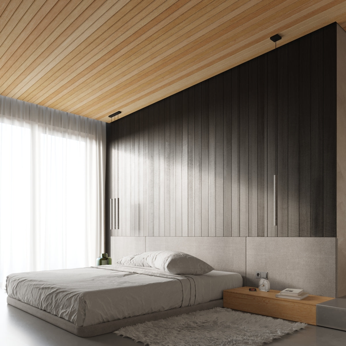 PASTELO 5P Beton – Raumansicht mit warmem Tageslicht, minimalistisches Schlafzimmerdesign