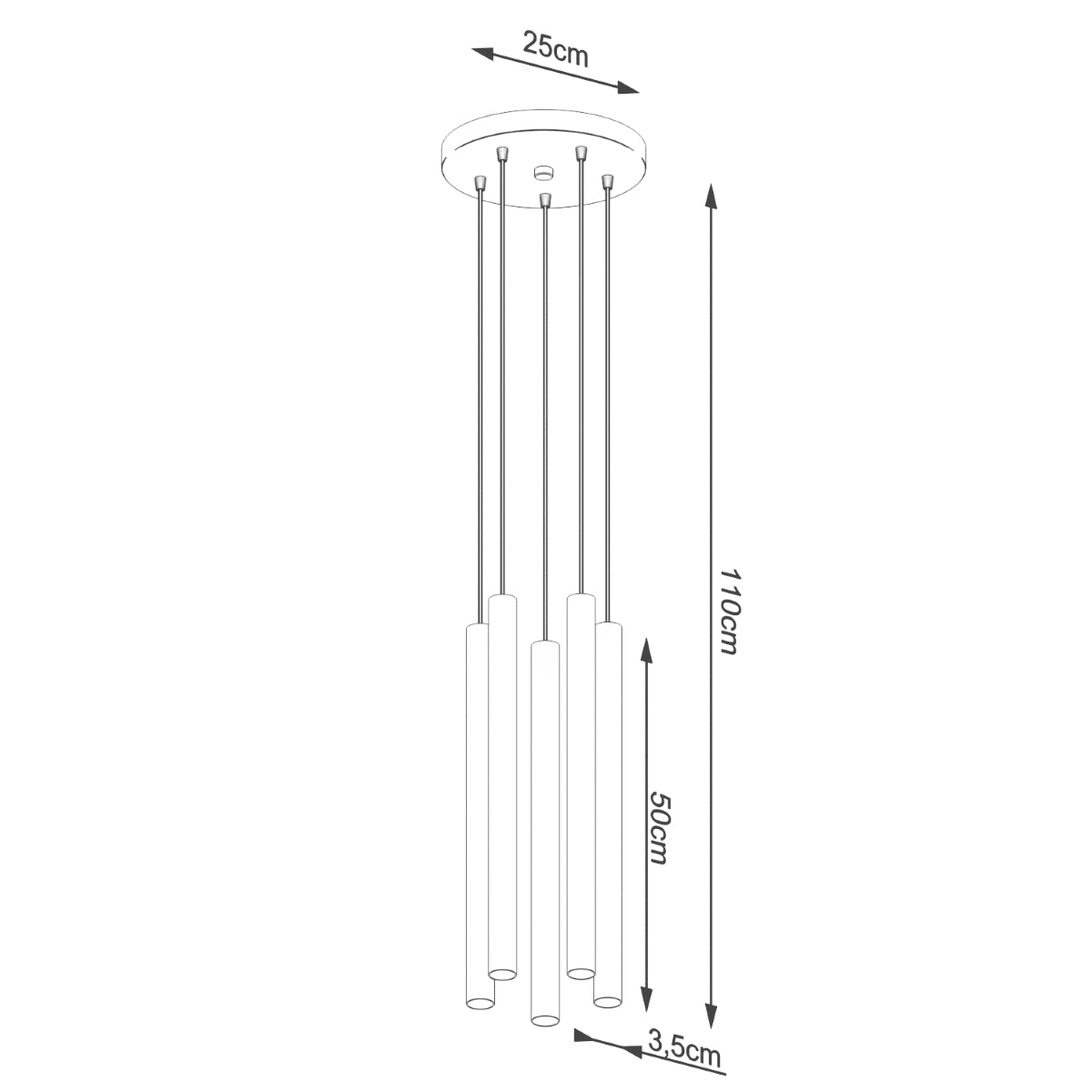Technische Zeichnung der Pendelleuchte PASTELO 5P – Maße: Höhe 110 cm, Ø 25 cm, Zylinder Ø 3,5 cm