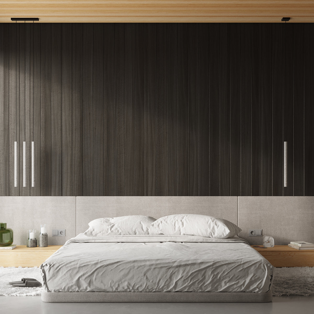 PASTELO 5P Beton – Hängelampen über Bett, modernes Schlafzimmer mit klaren Linien und Holzdecke