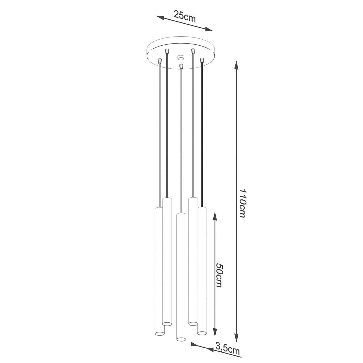 Technische Zeichnung der Pendelleuchte – Maße: Ø 25 cm, Höhe 110 cm, Pendel Ø 3,5 cm