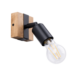 Moderne Wandleuchte mit Holzsockel und schwarzem verstellbarem Lampenkopf im minimalistischen Industriedesign.