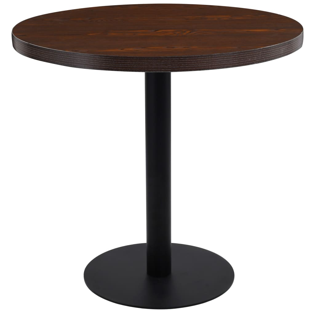Runder Bistrotisch mit dunkler Holzplatte und schwarzem Metallgestell im modernen Industriedesign.