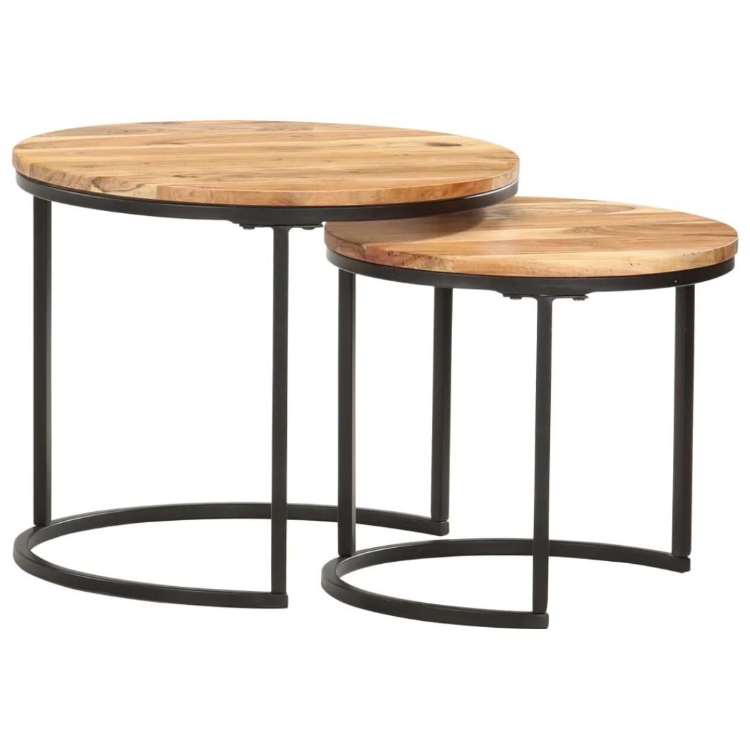 Zweiteiliges Satztisch-Set mit runden Holzplatten und schwarzen Metallgestellen im Industrie-Stil.