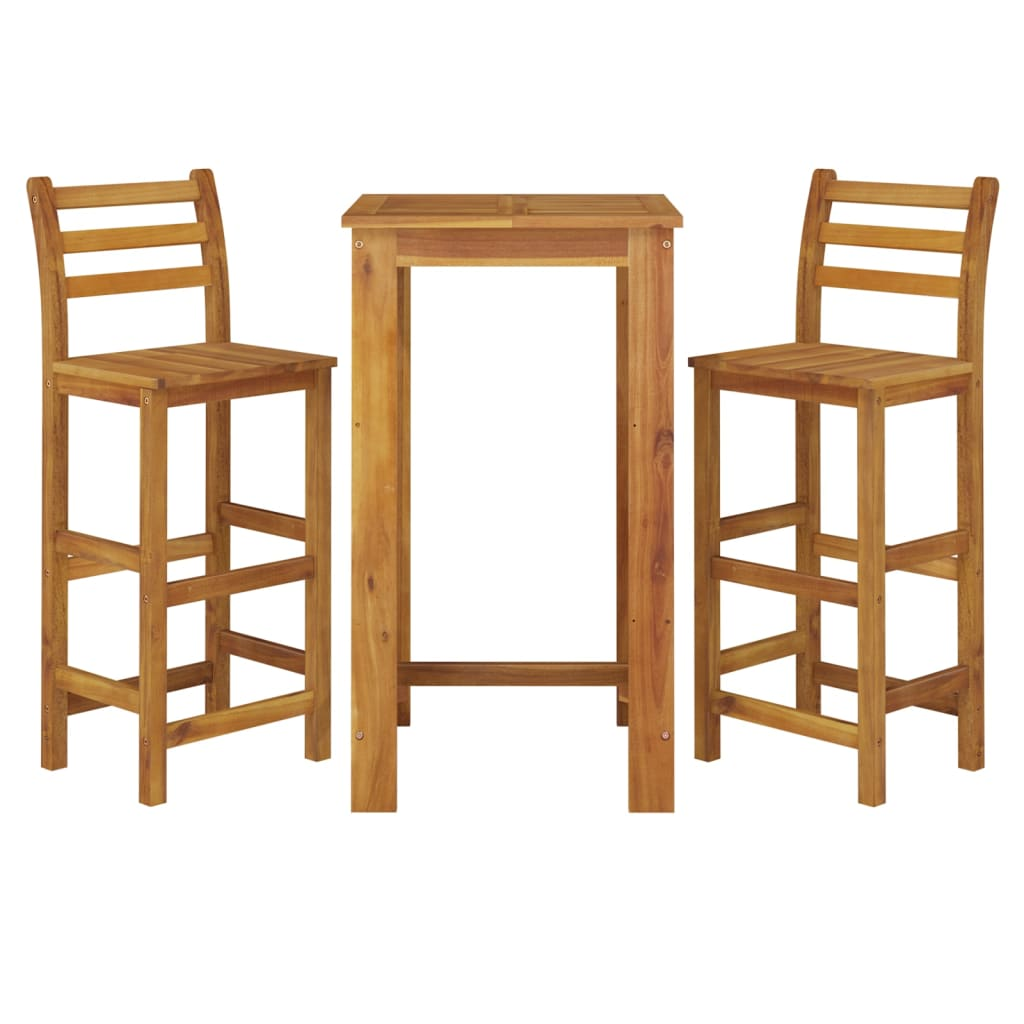Bar-Set aus massivem Holz mit hohem quadratischem Tisch und zwei passenden Barhockern im natürlichen Look.