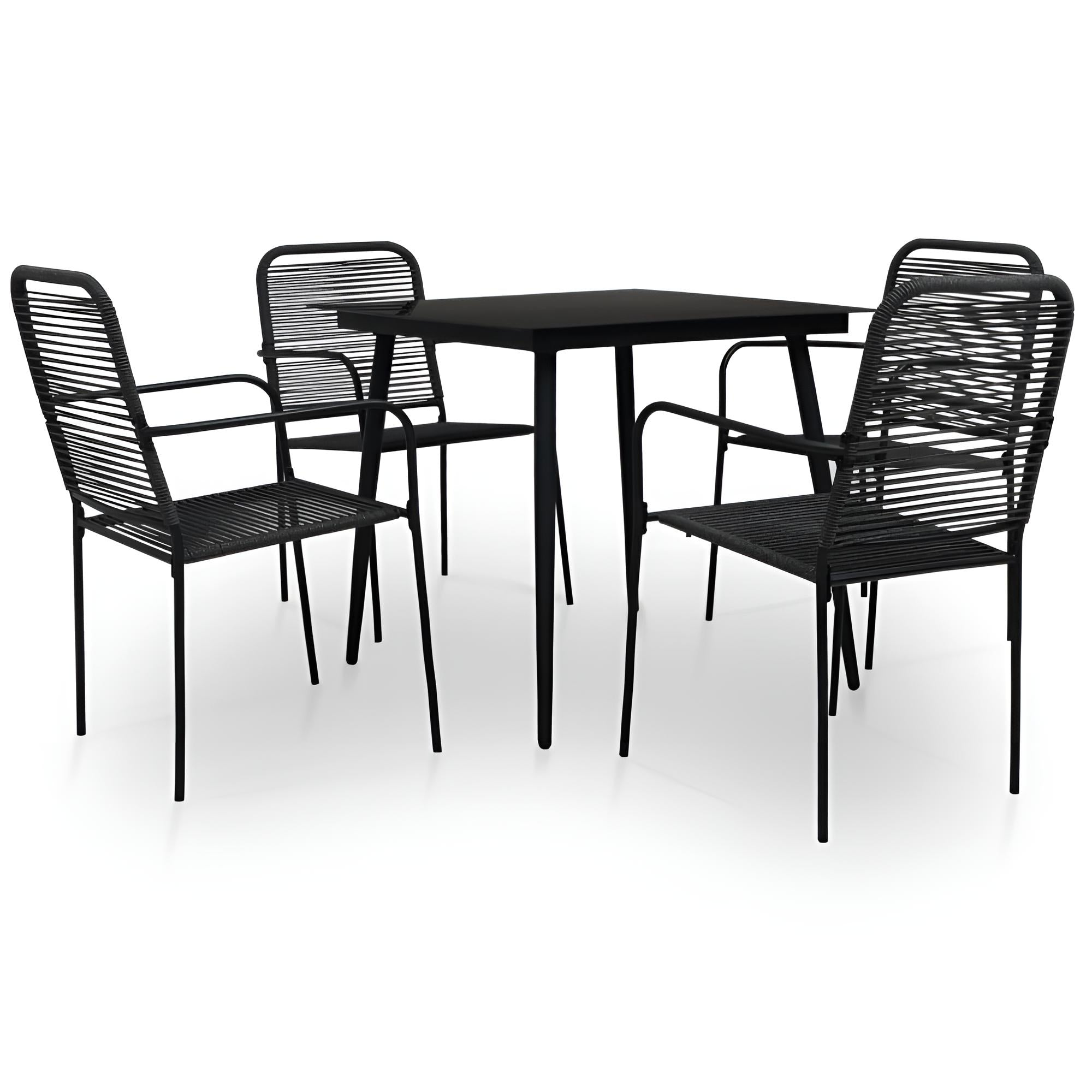 Schwarzes Gartenmöbel-Set mit vier Stühlen und quadratischem Tisch aus Metall für moderne Outdoor-Essbereiche.