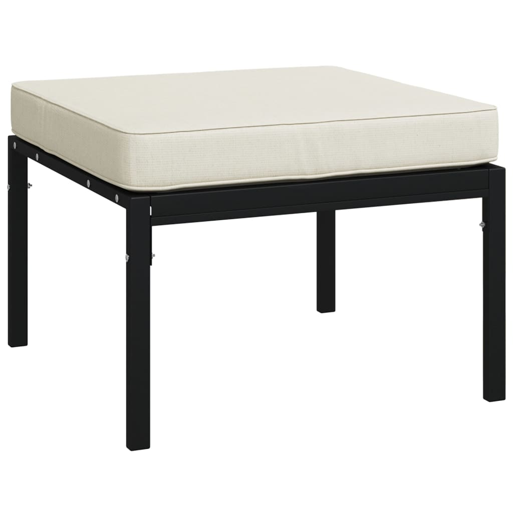 Moderner Hocker mit schwarzem Metallgestell und cremefarbenem Polster für Garten oder Terrasse.