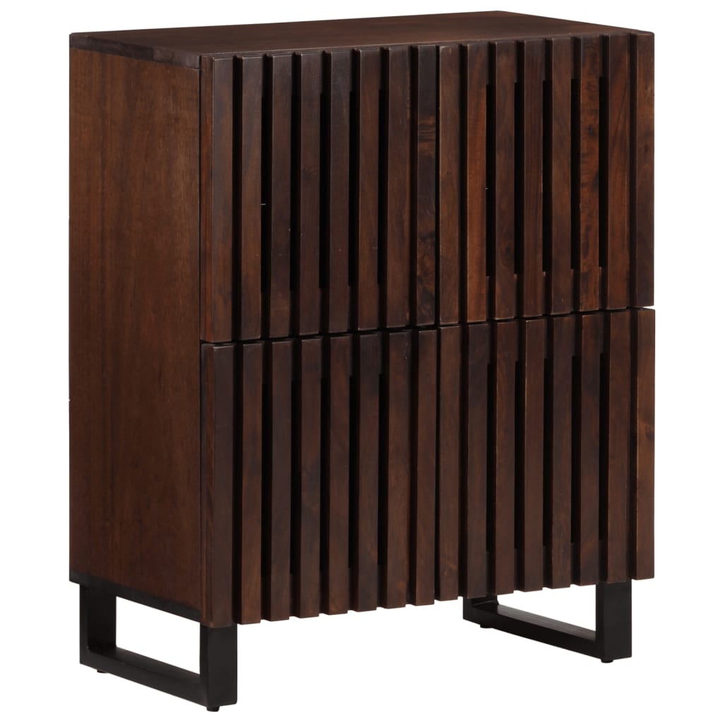 Dunkelbraune Kommode aus Holz mit vertikalen Lamellenfronten und schwarzen Metallbeinen im modernen Industrial-Stil.