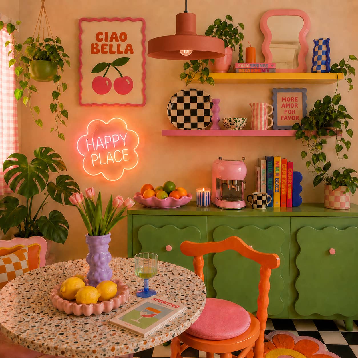 Dopamine Decor Küche mit farbenfroher Einrichtung, grüner Kommode, Retro-Deko, Pflanzen und terrakottafarbener Pendelleuchte als verspielter Blickfang.