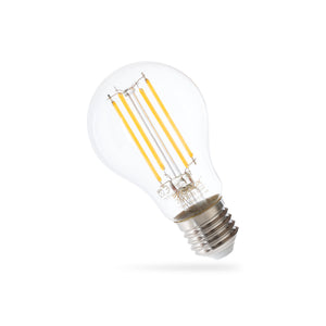 Klassische LED-Filament-Glühbirne mit E27-Sockel und warmweißer Lichtfarbe für energiesparende Beleuchtung.