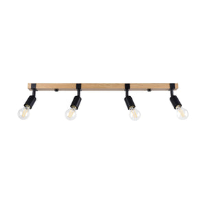Moderne Deckenleuchte mit vier verstellbaren Fassungen an einem Balken aus Holz und schwarzem Metall.