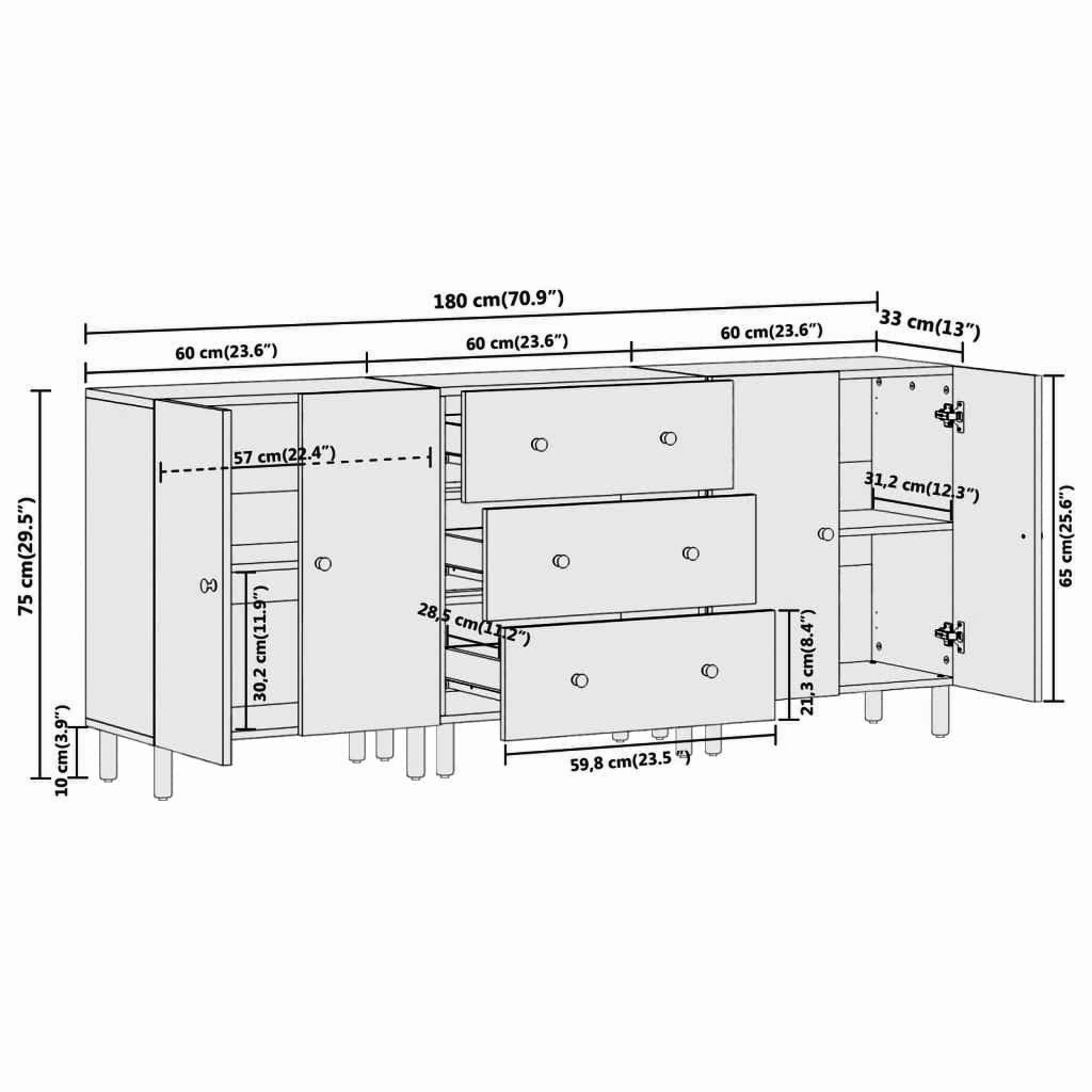 3-tlg. Sideboard 180x33x75 cm Massives Akazienholz