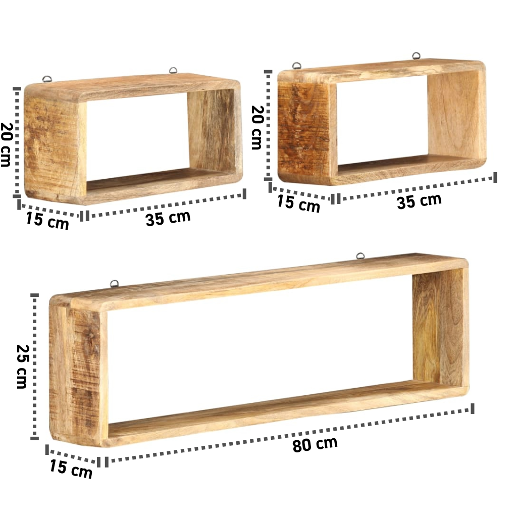 3-tlg. Wandregal Massives Mangoholz