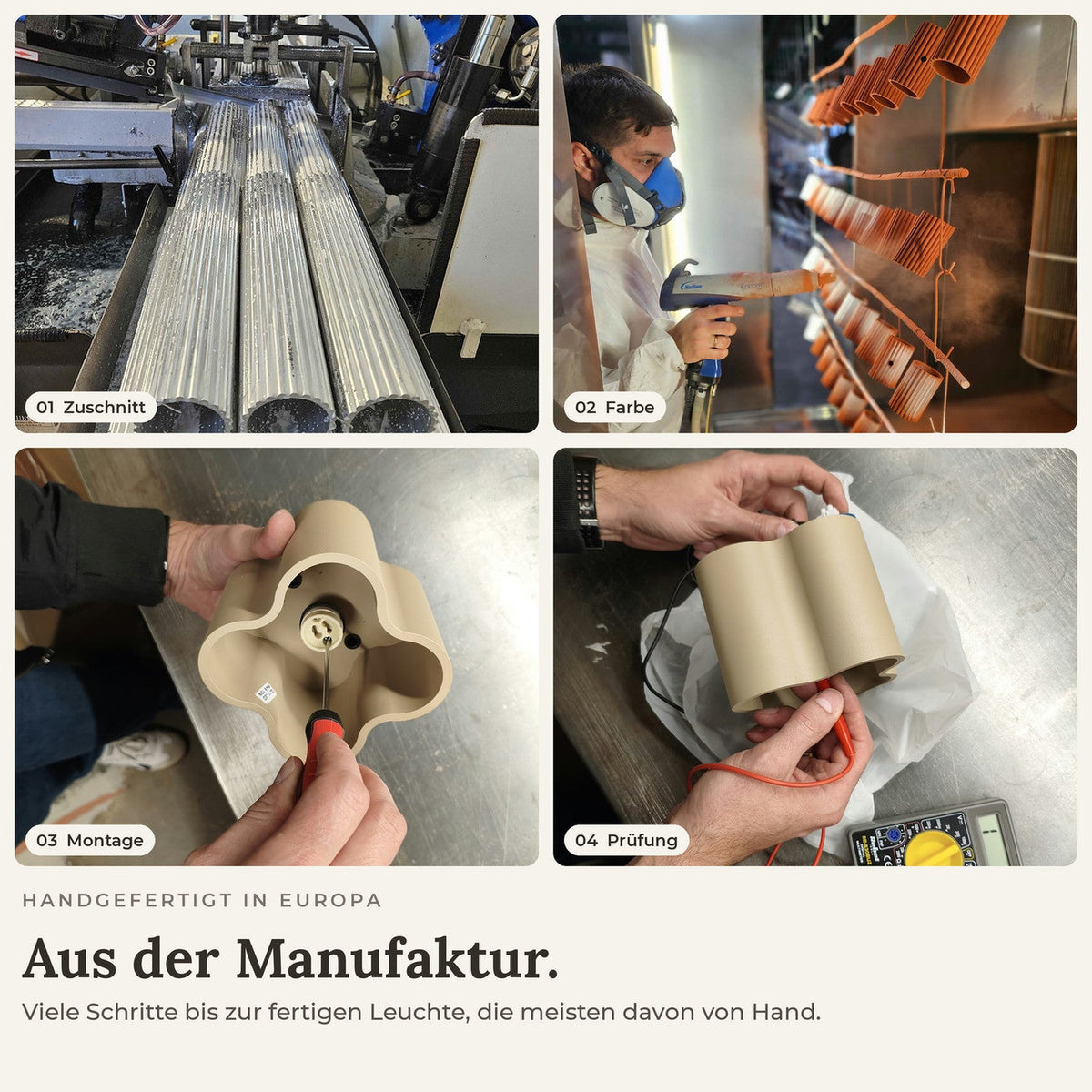 Collage aus der Manufaktur: Zuschnitt, Farbe, Montage und Prüfung einer Leuchte