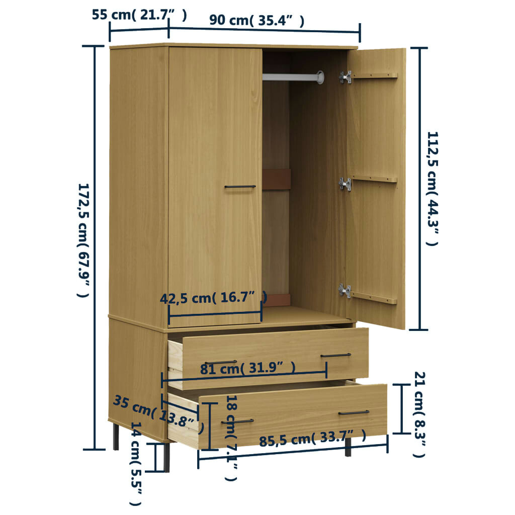 Kleiderschrank 90x55x172,5cm Kiefernholz