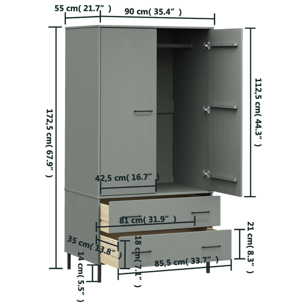 Kleiderschrank 90x55x172,5cm Kiefernholz