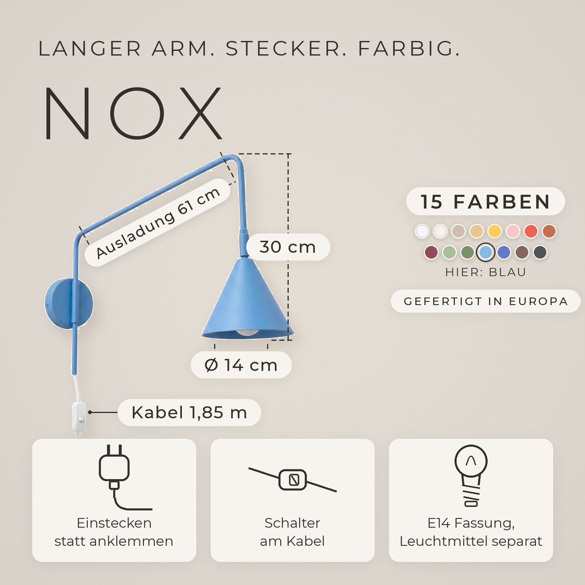 Wandleuchte "NOX" mit Stecker und Kabelschalter