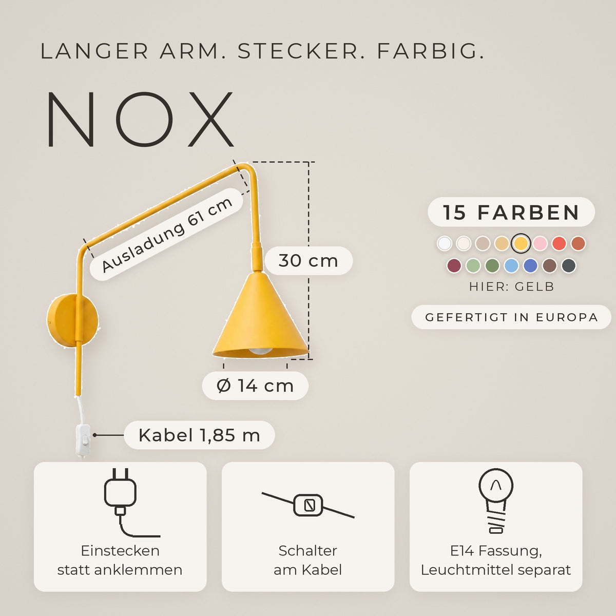 Wandleuchte "NOX" mit Stecker und Kabelschalter